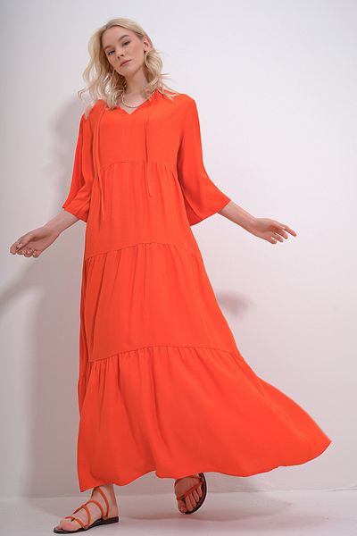 Trend Alaçatı Stili Women's Orange V-Neck Front Lace-Up Layered Flounced Woven Viscose Dress ALC-X12052