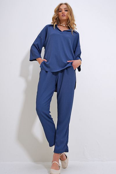 Trend Alaçatı Stili Women's Indigo Oversize Shirt Collar Blouse And High Waist Pants Set ALC-X12217