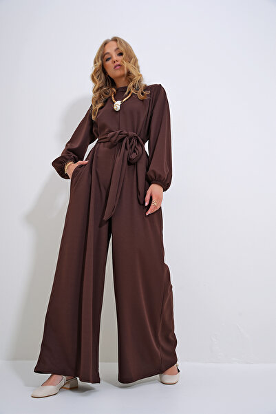 Trend Alaçatı Stili Dámská hnědá kombinéza se stojáčkem, límeček, zip, princezna rukáv pas, pas ALC-X12041