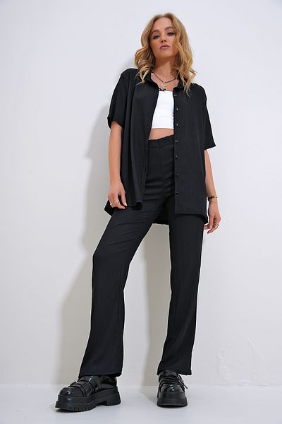 Trend Alaçatı Stili Women's Black Boy Friend Shirt and High Waist Trousers Wrap Suit ALC-X12227