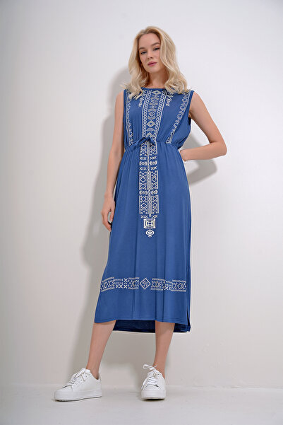 Trend Alaçatı Stili Női indigó hímzés nyomott bohém ruha ALC-6564