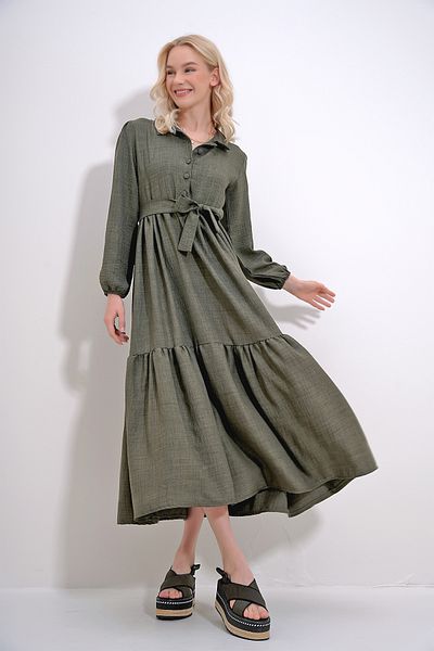 Trend Alaçatı Stili Women's Khaki Buttoned Front Skirt Flounced Flamed Linen Maxiboy Dress ALC-X12045