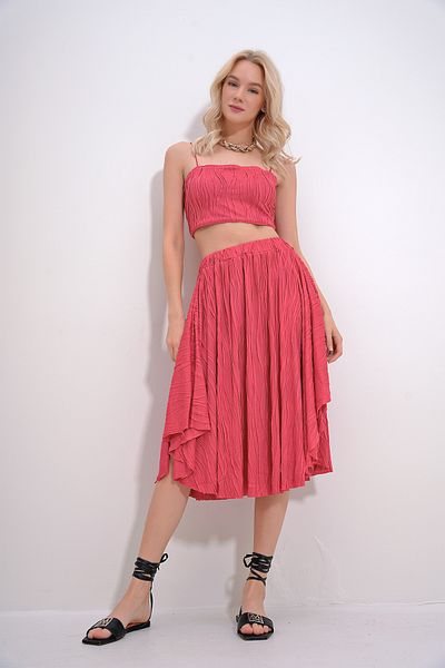 Trend Alaçatı Stili Női Coral Bustier és szoknyás felső és alsó szőtt készlet ALC-X12096