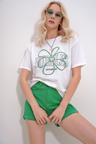 Trend Alaçatı Stili Tricou alb cu decolteu triplu cu imprimeu Flock pentru femei ALC-X12080