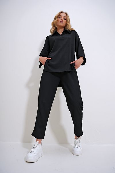 Trend Alaçatı Stili Women's Black Oversize Shirt Collar Blouse and High Waist Trousers Set ALC-X12217