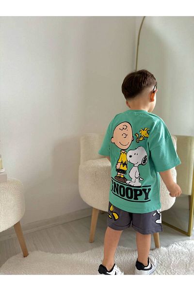 endudu Snoopy Printed Front and Back Printed 2-Piece Summer Suit Shorts - T-shirt