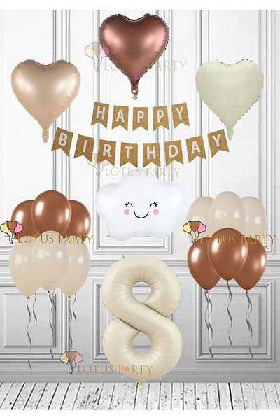 LOTUS PARTY 8 Years Old Retro Birthday Set - Cloud Foil Balloon, Cream Numeral Foil, Kraft Happy Heart Foil Balloon