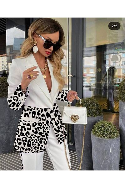 1Moda1Tarz Women's White Shirt Collar Atlas Fabric Leopard Patterned Button Detail Jacket Trousers Bottom-Top Set