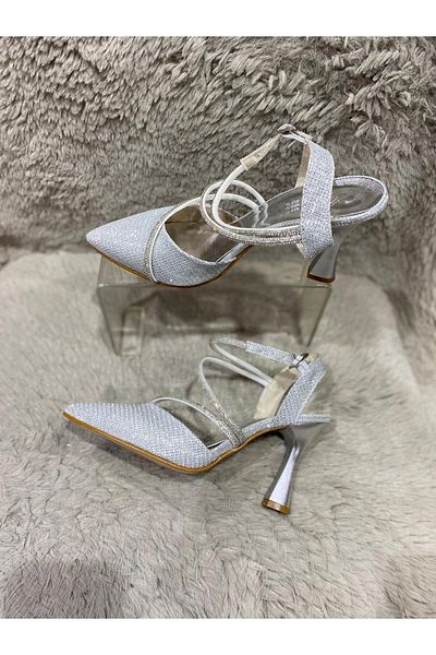 Metin Ayakkabı Gray outer material, glittery banded women's evening shoes.
