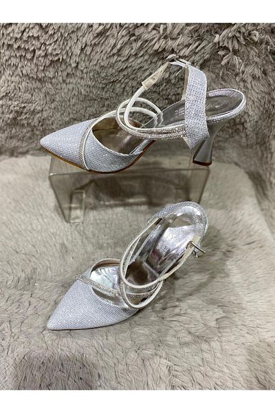Metin Ayakkabı Gray outer material, glittery banded women's evening shoes.