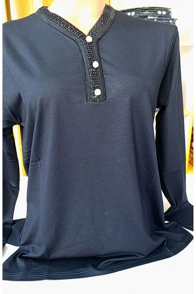AKŞEN GİYİM LARGE SIZE V-NECK KNITTED SILVERY AND STONE BUTTON DETAILED HIGH QUALITY LONG SLEEVE MOTHER BLUZE