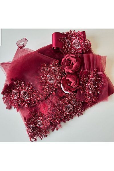 Evsay حجاب الزفاف الفاخر Vip Veil 5 قطع مجموعة حجاب فريق حجاب فاخر لوازم الحناء بورجوندي