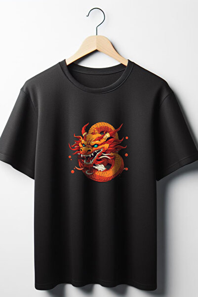 Vordevia Tricou negru unisex cu decolteu rotund supradimensionat cu imprimeu ...