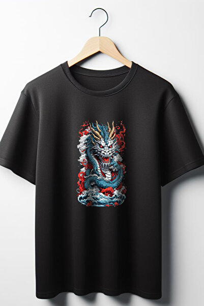 Vordevia Dragon Štampano Oversize kroj Wide Fit Unisex okrugla kragna crna ma...