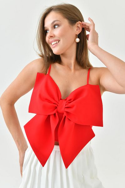 bayansepeti Women's Thin Straps Zipper Back Laminated Inner Plated Atlas Fabric Bow Red Blouse 165
