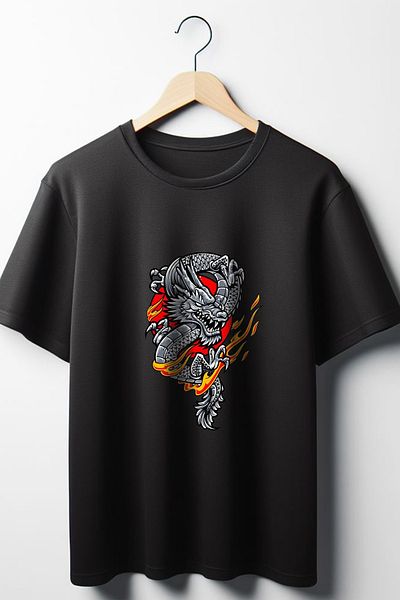 Vordevia Μαύρο μπλουζάκι με στάμπα Dragon Oversize Wide Fit Unisex Crew Neck