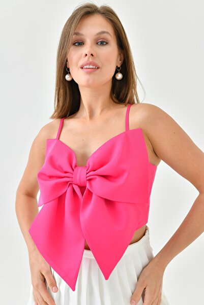 bayansepeti Dámská tenká ramínka na zip vzadu laminovaná vnitřní pokovená mašle z látky Atlas Fuchsiová halenka 165