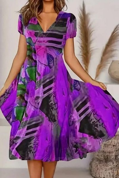 ESSFASIHON Rochie midi cu mâneci scurte, cu decolteu în V, cu modele mixte, evazate