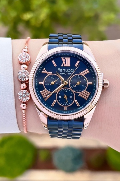 Ferrucci Kasası Bronz Kordonu Lacivert Renk 24 Ay Garantili Kadın Kol Saati ve Bileklik