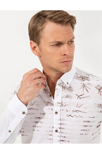 Pierre Cardin Ανδρικό καφέ πουκάμισο Uzunkol G021SZ004.000.1406346.VR029