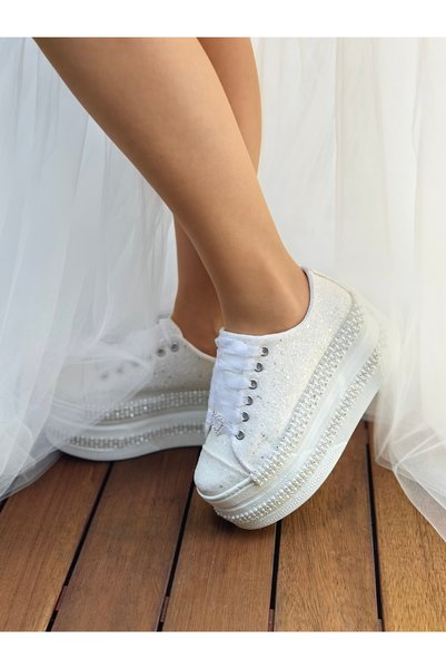 Ayakkabı Tutkusu Stilo ® Ivory Glitter Stone and Pearl Detailed Bridal Shoes 7cm Extreme Comfortable Quality