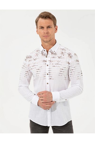 Pierre Cardin Ανδρικό καφέ πουκάμισο Uzunkol G021SZ004.000.1406346.VR029