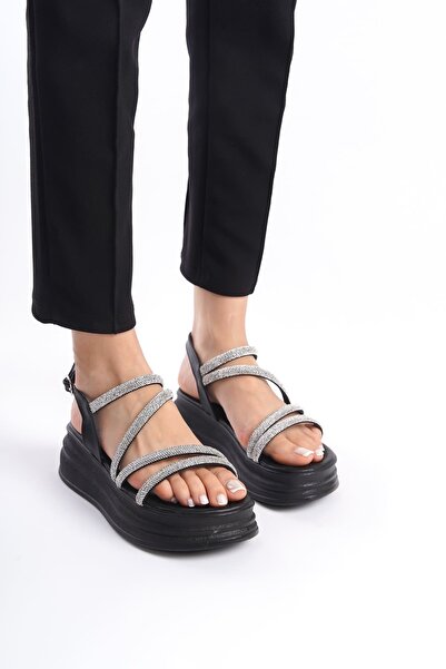 BZ Moda ZAHRA Tenká přezka Stoned Striped Ortopedic Sole Dámské sandály ST Black