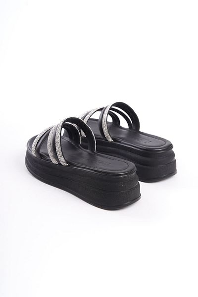 BZ Moda Γυναικείες παντόφλες ELISE Μαύρες - Χοντρή ορθοπεδική σόλα με επίπεδη φτέρνα, ρίγες και στρας