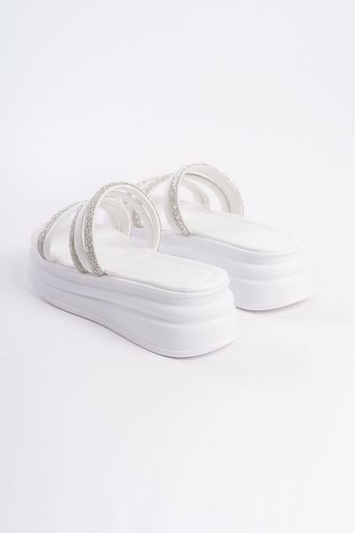 BZ Moda Papuci ELISE pentru femei - Talpă ortopedică groasă cu toc plat, dungi și strasuri, alb