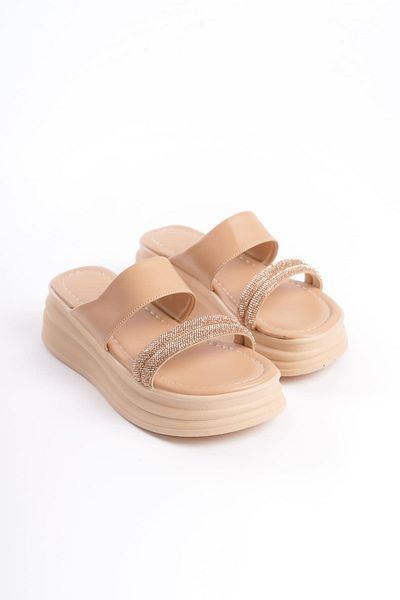 BZ Moda Γυναικείες παντόφλες LAILA Flat Heel Stoned ριγέ χοντρή και ορθοπεδική σόλα TT Skin