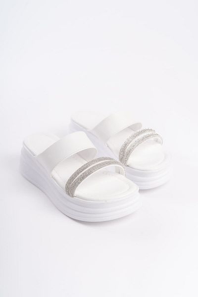 BZ Moda Papuci de damă LAILA, cu toc plat, în dungi, cu talpă groasă și ortopedică, BT White