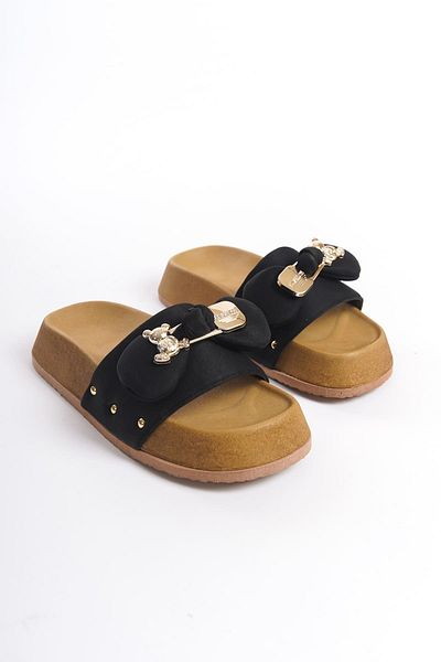 BZ Moda CARMEN Χοντρή και Ορθοπεδική Σόλα Σατέν Γυναικείες Παντόφλες με Αρκουδάκι KT Μαύρο