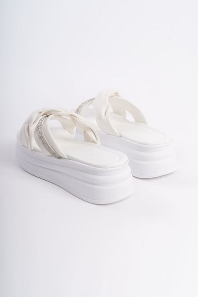 BZ Moda Papuci de damă FREJA cu toc plat, cu model de piatră, cu talpă groasă și ortopedică, BT White