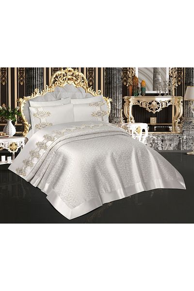 Hızlı Çeyiz Luxury French Guipure 6 Piece Brocade Chenille Cotton 1st Class Quality Double Bedspread Set