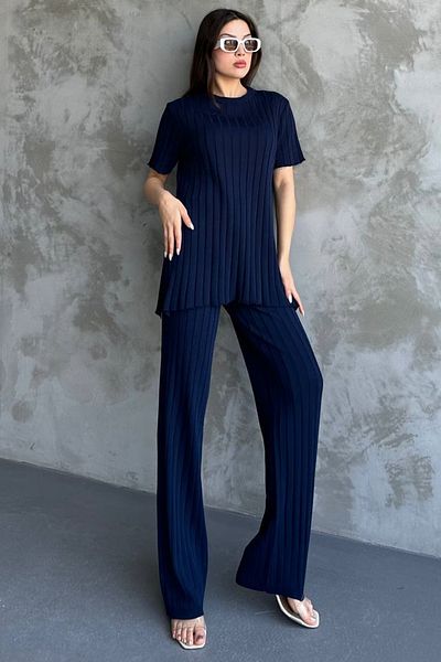 lovebox Round Neck Short Sleeve Top and High Waist Wide Leg Pants Navy Blue Ribbed Knitwear Suit 1140