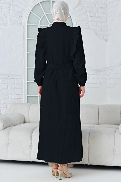 QLAY Kadın Siyah Volanlı Kemerli Dokuma Elbise