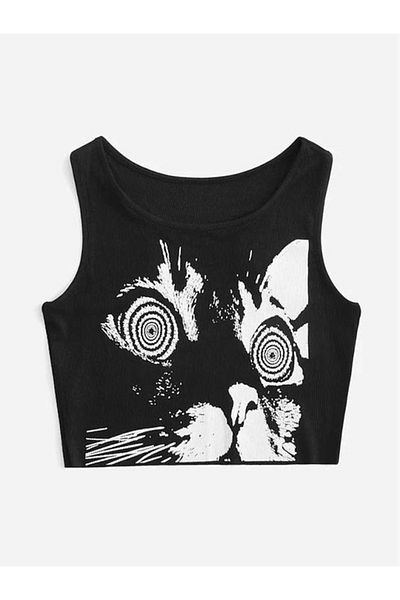 Gofeel Harajuku Abstract Print Black Detail Crop Top