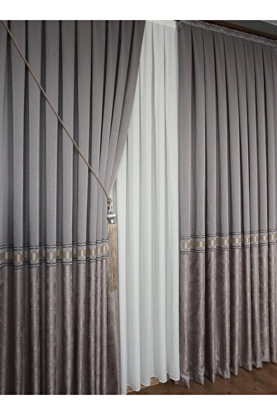 Yuka Clipboard Background Curtain Mink Gray - Single Wing with Anthracite Gold Stripe Frequent Pleated Jacquard Bright Pattern