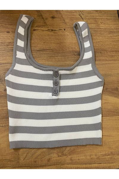 My Blog Γκρι-λευκό κουμπωμένο ριγέ Crop Tank Top