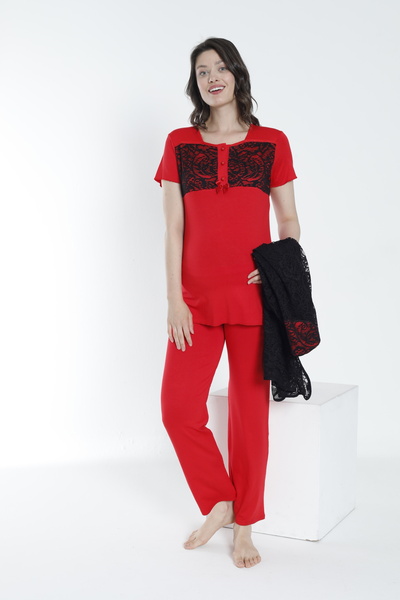 Miss Dünya Lissa Short Sleeve Maternity and Maternity Pajama Set with Lace Dressing Gown