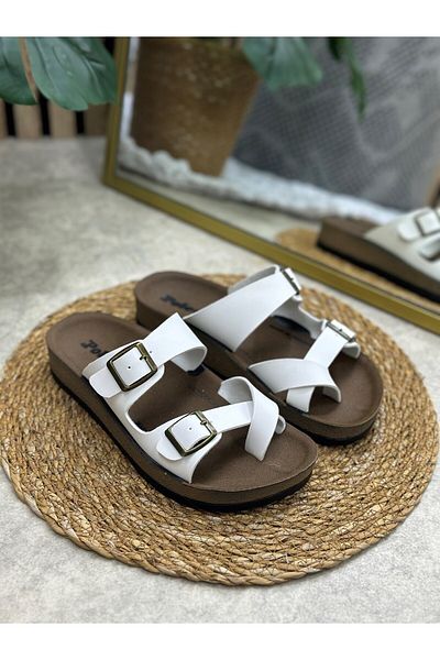 İmerShoes Papuci albi pentru femei Daily Flip Flop Sandale reglabile cu cataramă cu talpă confortabilă din plută 34162