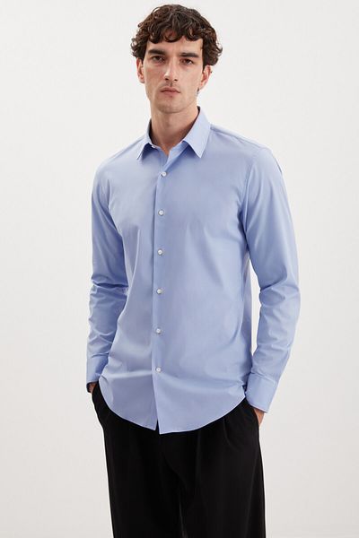 GRIMELANGE Pánská ultra pružná bavlněná, elastanová tkanina Slim Fit popelínová modrá košile Branham