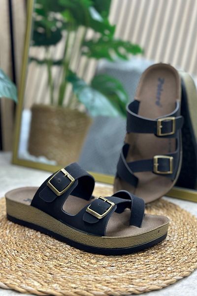 İmerShoes Daily Women's Black Slippers Single Toe Comfortable Cork Sole Buckle Adjustable Sandals 34162