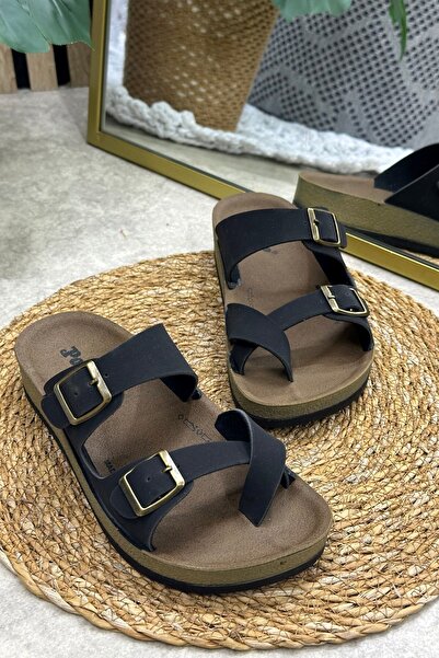 İmerShoes Daily Women's Black Slippers Single Toe Comfortable Cork Sole Buckle Adjustable Sandals 34162