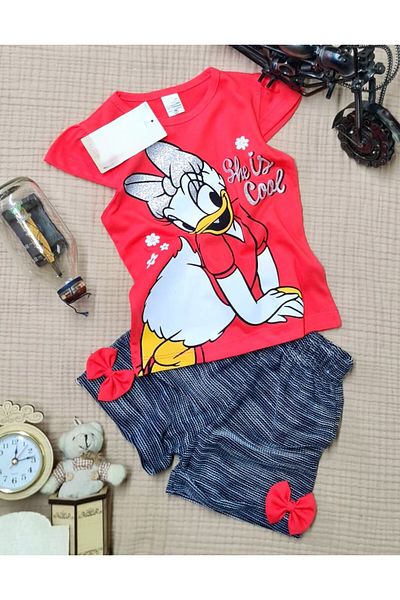 BUUFUU Daisy Duck Printed Glitter Short Sleeve Bow Shorts Girls' Set