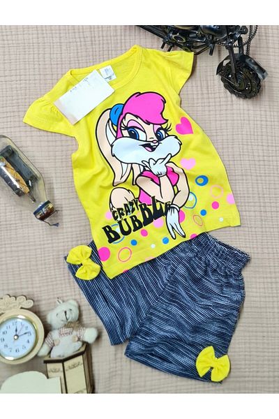 BUUFUU Girls' Suit with Short Sleeve Crazy Duck Printed Bow Shorts