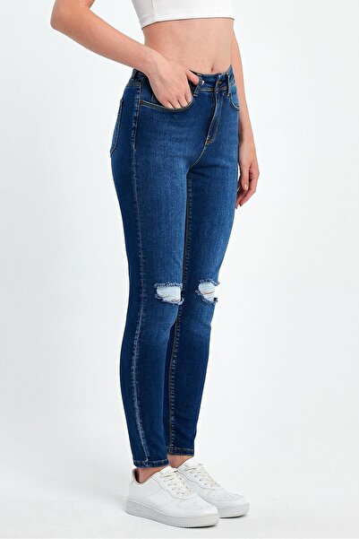 EXPLODE - Kadın Mavi Likralı Skinny Dizi Yırtık Kot Pantolon