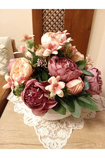 Cennet Home İncili şakayık aranjmanı beyaz lüks mika saksıda masaüstü dekoratif yapay çiçek