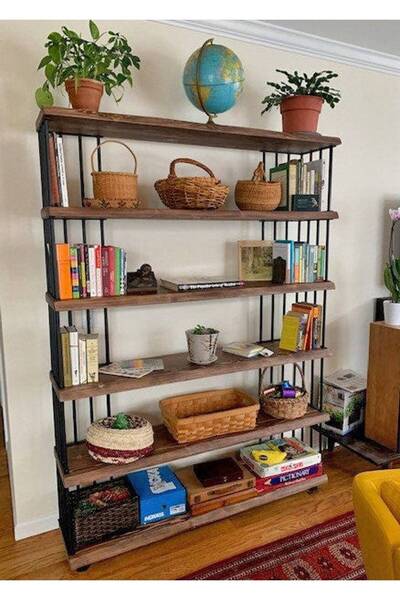 MFG AHŞAP Metal Raflı Ahşap Kitaplık 190x90x24