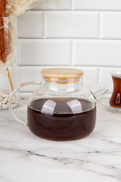 DNS HOME 1 lt Heat Resistant Glass Borosilicate Teapot - Herbal Tea Pot with Bamboo Lid and Strainer